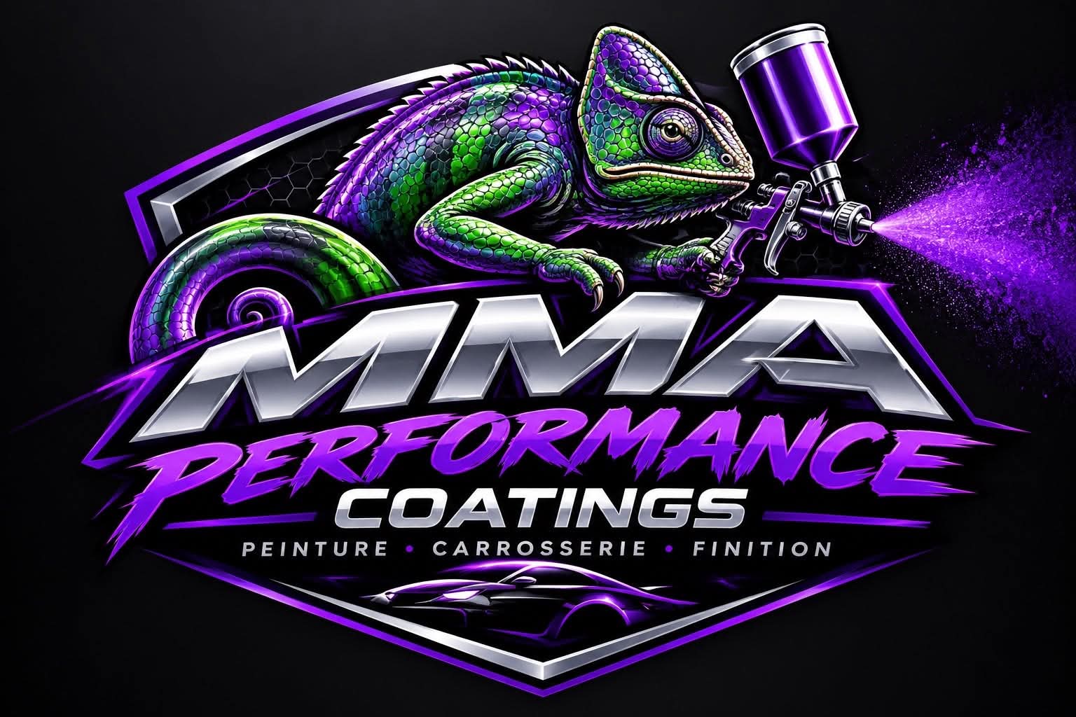 Logo MMA Solutions & Peintures : un caméléon tenant un pistolet à peinture