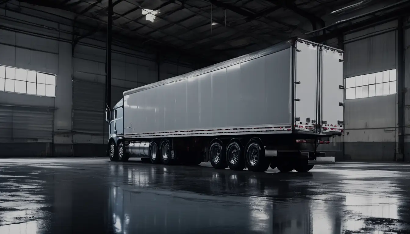 Illustration : une remorque de camion blanche, sans inscription, garée dans un atelier sombre