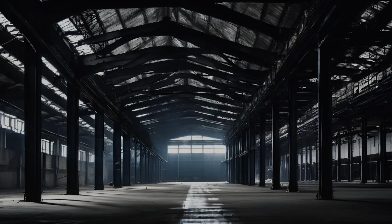 Illustration : la charpente d’acier peinte d’un grand bâtiment industriel, dans une lumière froide